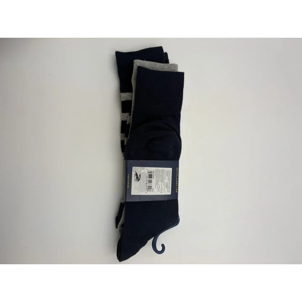 Polo Ralph Lauren 3 Pairs Dress Socks Navy Blue Grey Striped Solid NWT